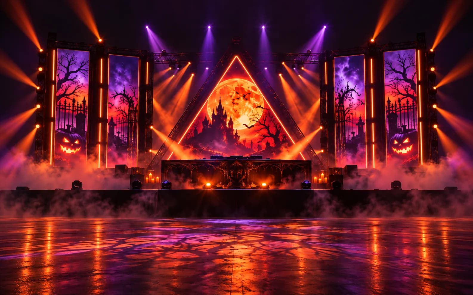 Palco de O Ritual: lua cheia sob um triângulo de luz, painéis com abóboras e árvores, fumaça e luzes roxas e laranja